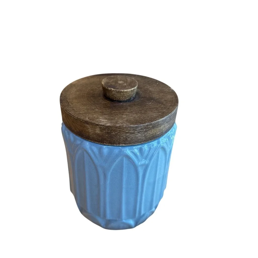 Pier One Turquoise Blue Ceramic‎ Lidded Canister Jar Art Deco Vintage Kitchen